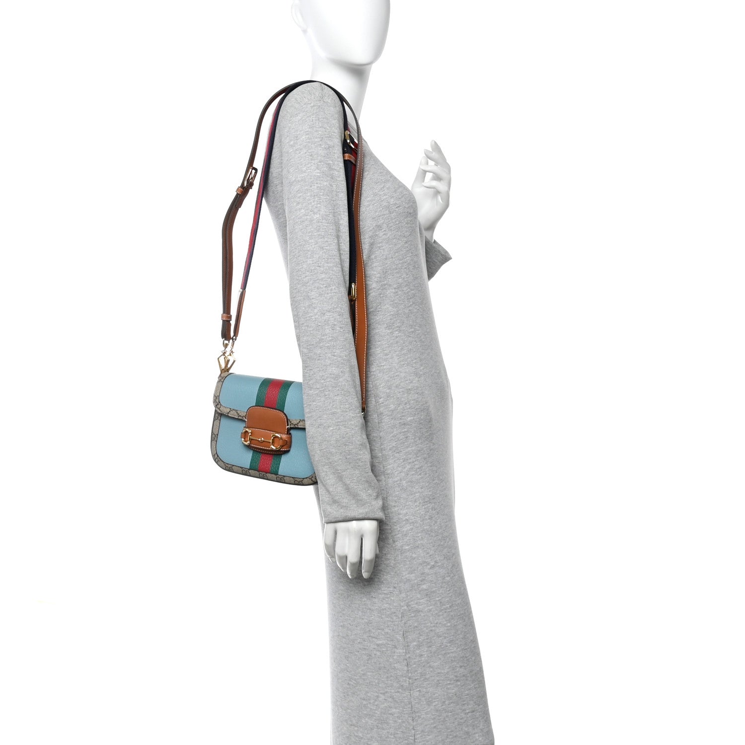 Gucci X DANS LE VERT Textured Dollar Calfskin GG Supreme Monogram Web Mini Horsebit 1955 Shoulder Bag Dusty Azure Beige Ebony