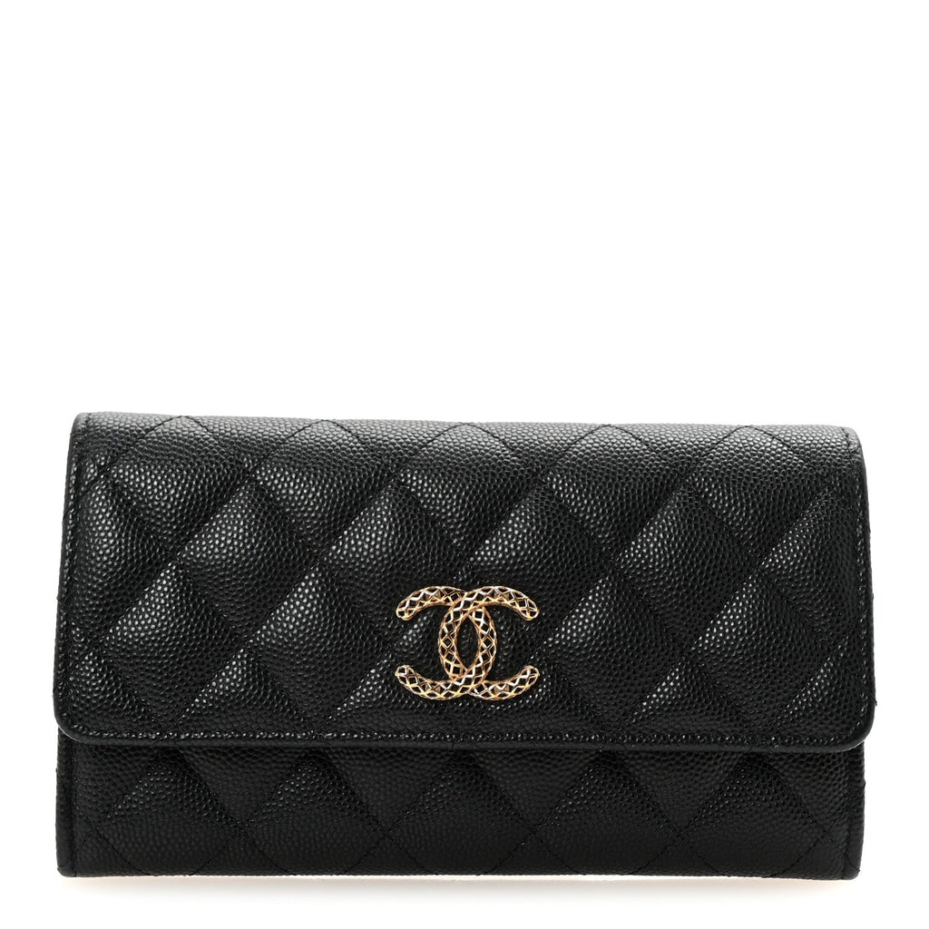 Caviar Metal Perforated Quilted CC Flap Wallet Black