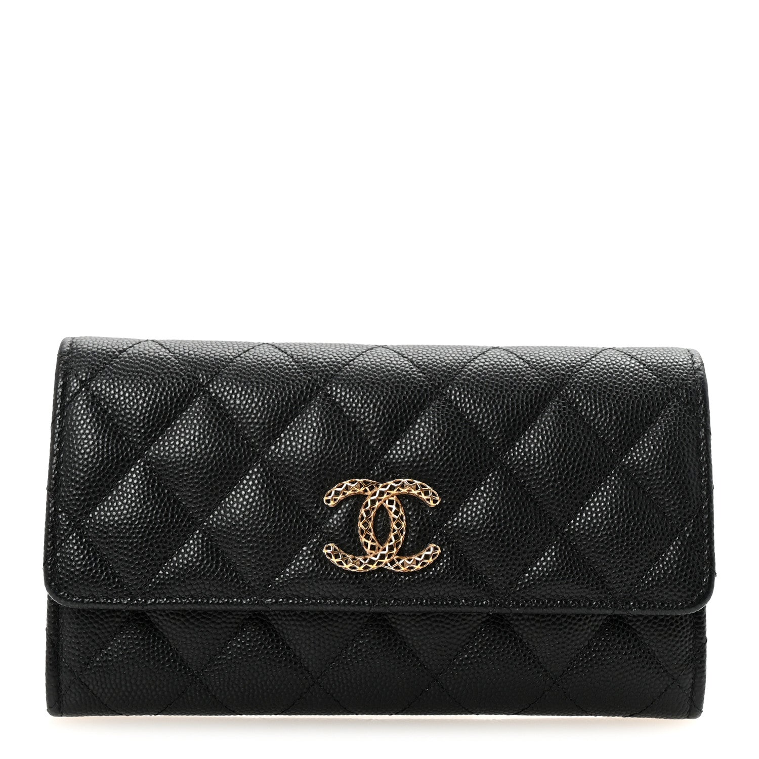 Caviar Metal Perforated Quilted CC Flap Wallet Black