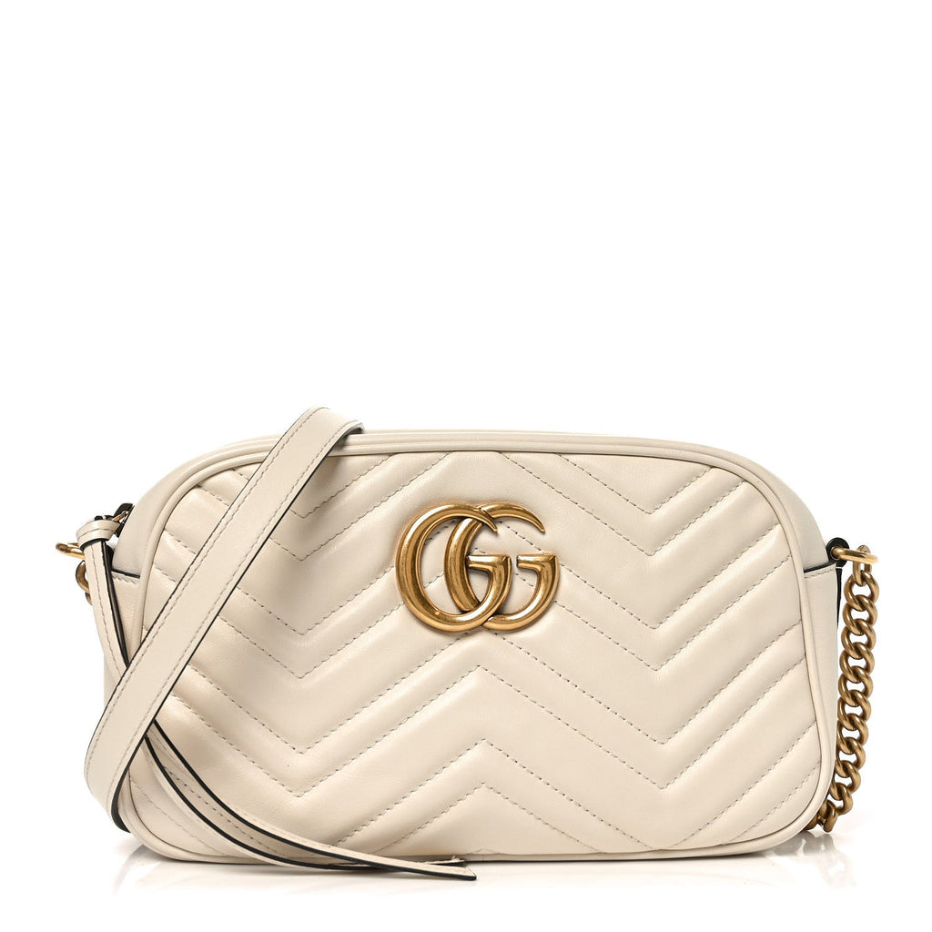 Gucci Calfskin Matelasse Small GG Marmont Chain Shoulder Bag White