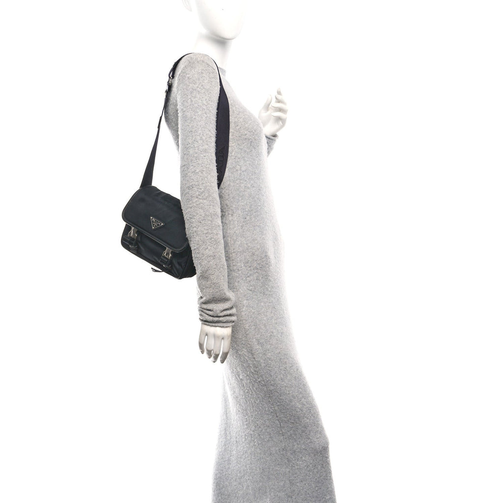 Prada Re-Nylon Saffiano Pocket Double Snap Buckle Shoulder Bag Black