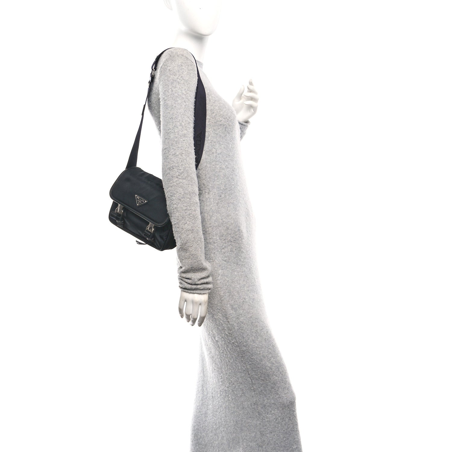 Prada Re-Nylon Saffiano Pocket Double Snap Buckle Shoulder Bag Black