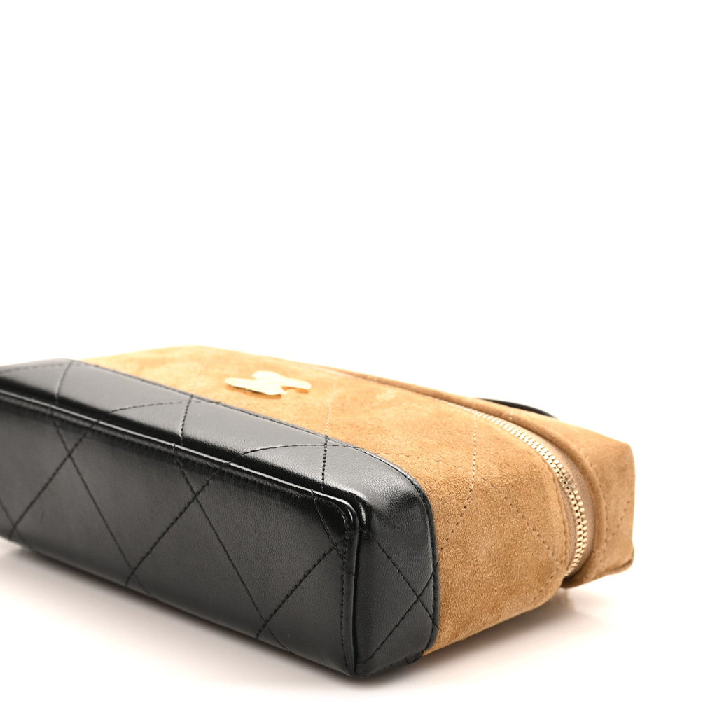 Chanel Suede Calfskin Shiny Lambskin Stitched Top Handle Slim Vanity Case With Chain Beige Black