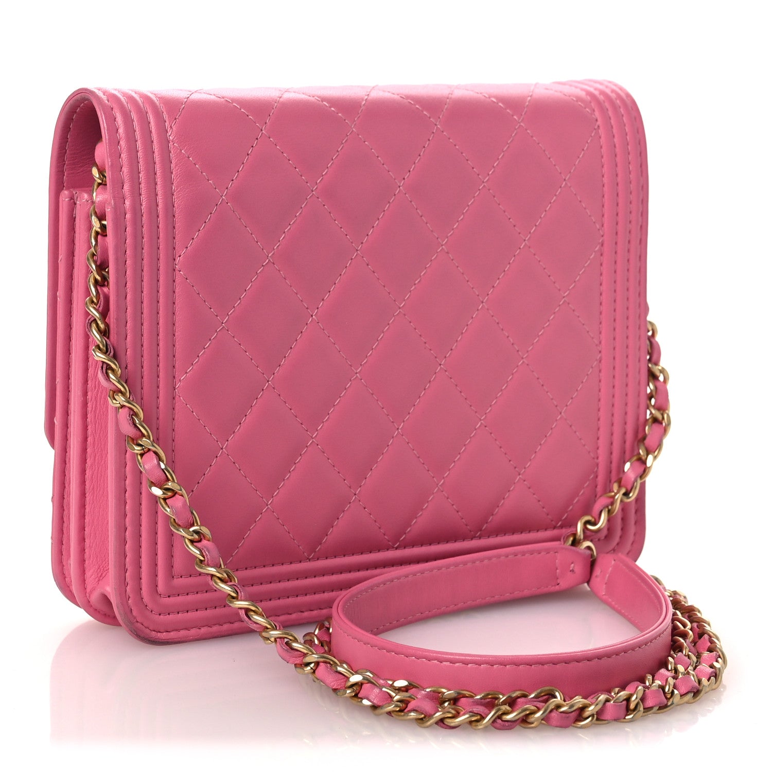 Chanel Lambskin Quilted Boy Square Wallet on Chain WOC Pink