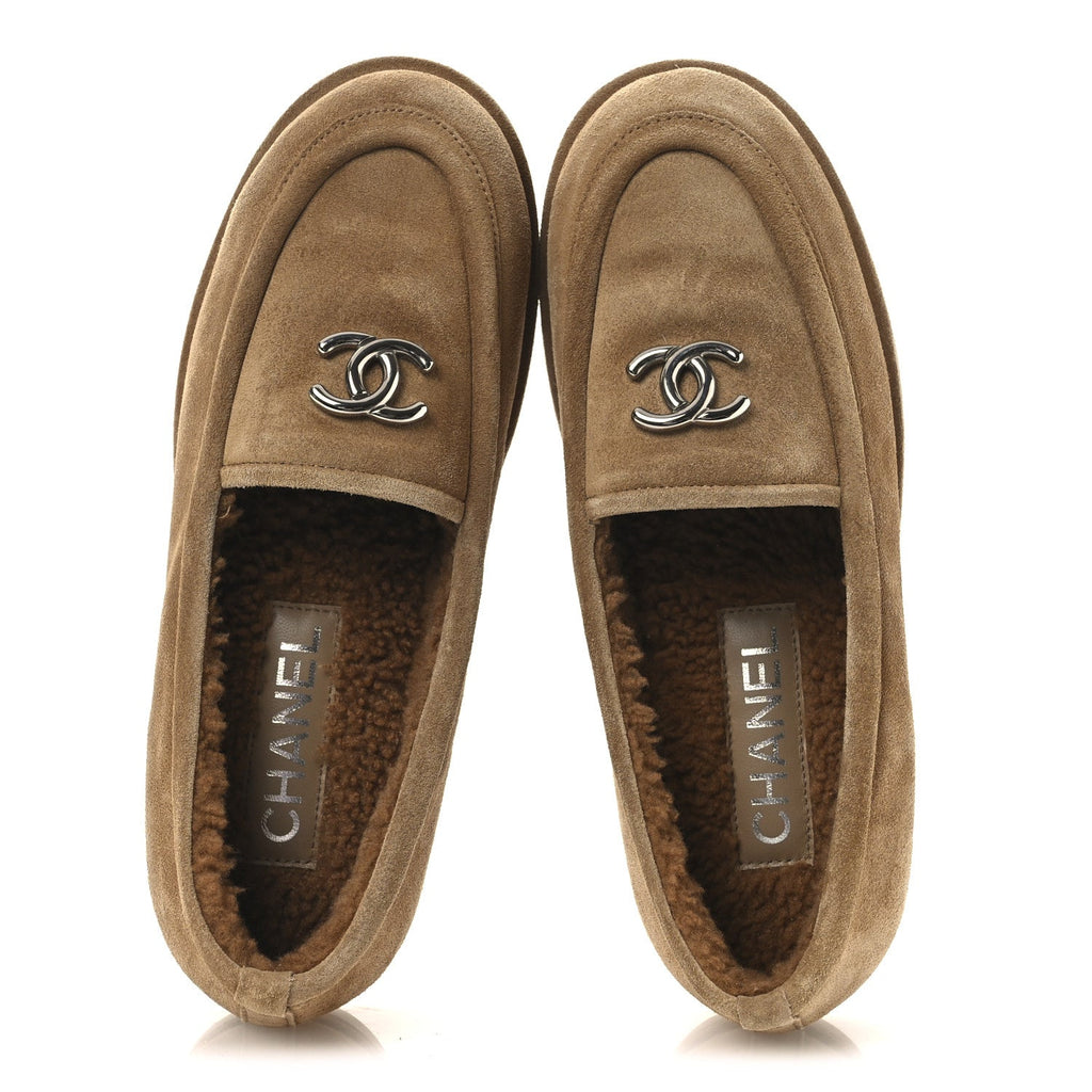 Chanel Suede Calfskin CC Loafers 36.5 Dark Beige