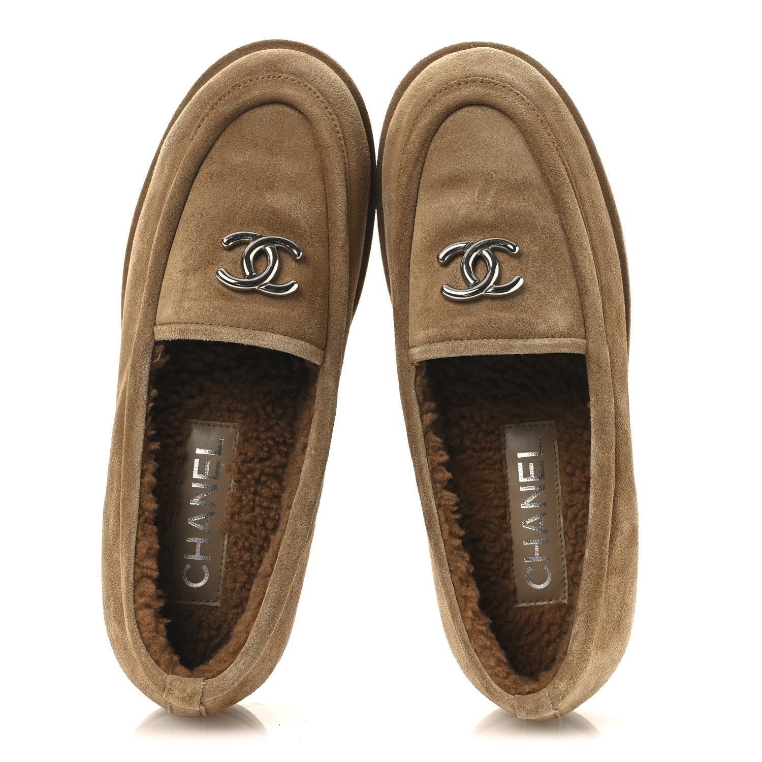 Chanel Suede Calfskin CC Loafers 36.5 Dark Beige