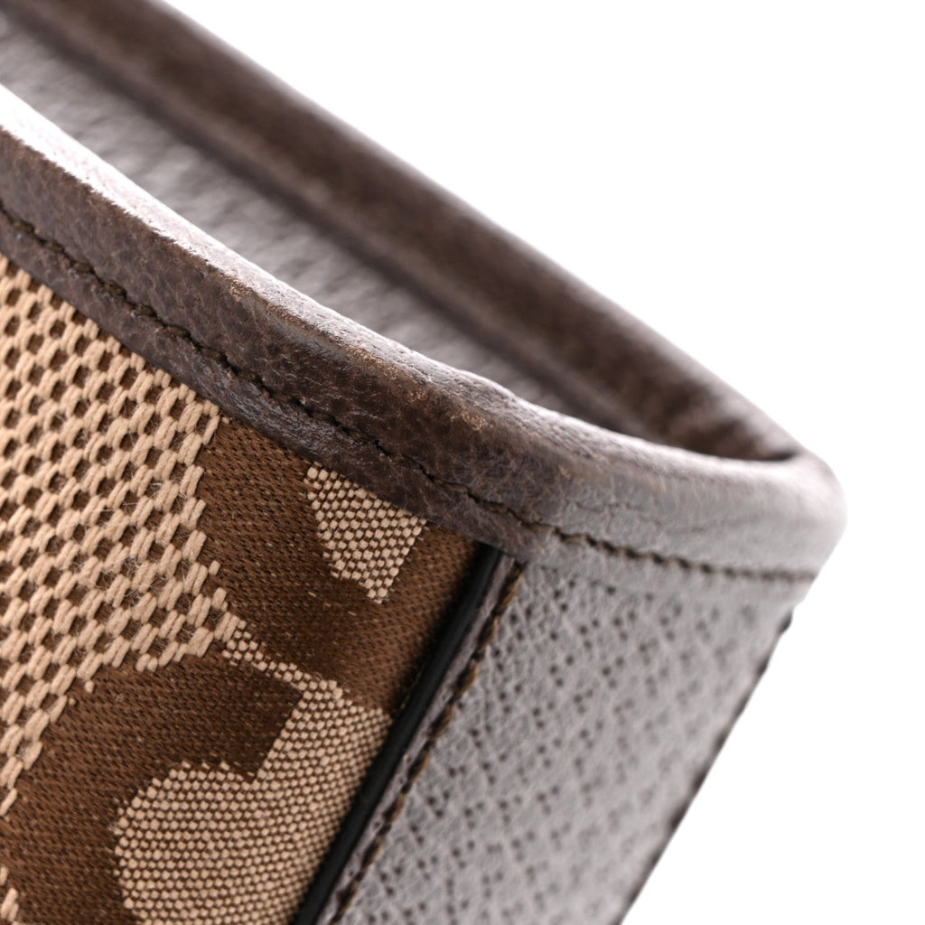 Gucci Monogram Jumbo GG Textured Dollar Calfskin Web Mini Vertical Tote Camel Ebony New Acero