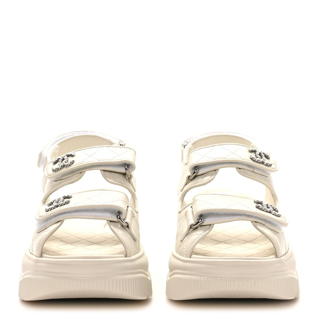 Chanel Shiny Calfskin Chain CC Velcro Dad Platform Sandals 39 White