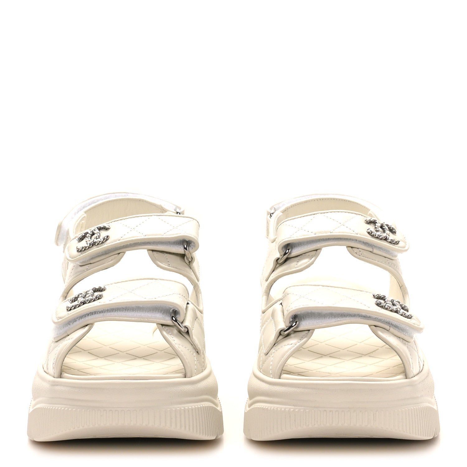 Chanel Shiny Calfskin Chain CC Velcro Dad Platform Sandals 39 White