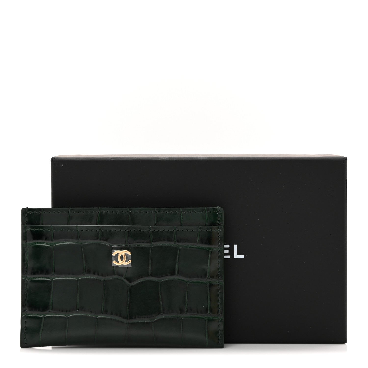 Calfskin Crocodile Embossed Crococo Card Holder Emerald