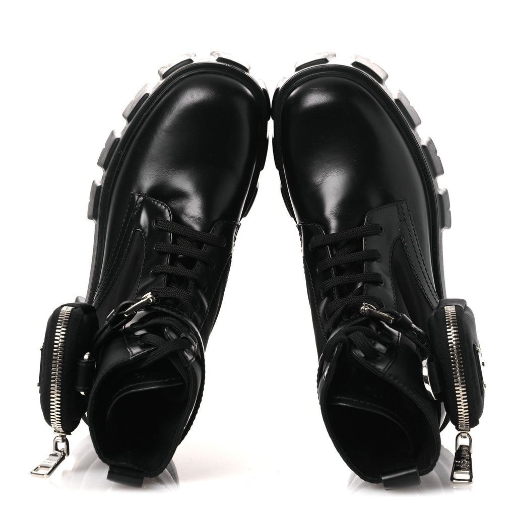 Prada Spazzolato Rois Nylon Metal Triangle Logo Monolith Pouch Pocket 55mm Boots 38 Black