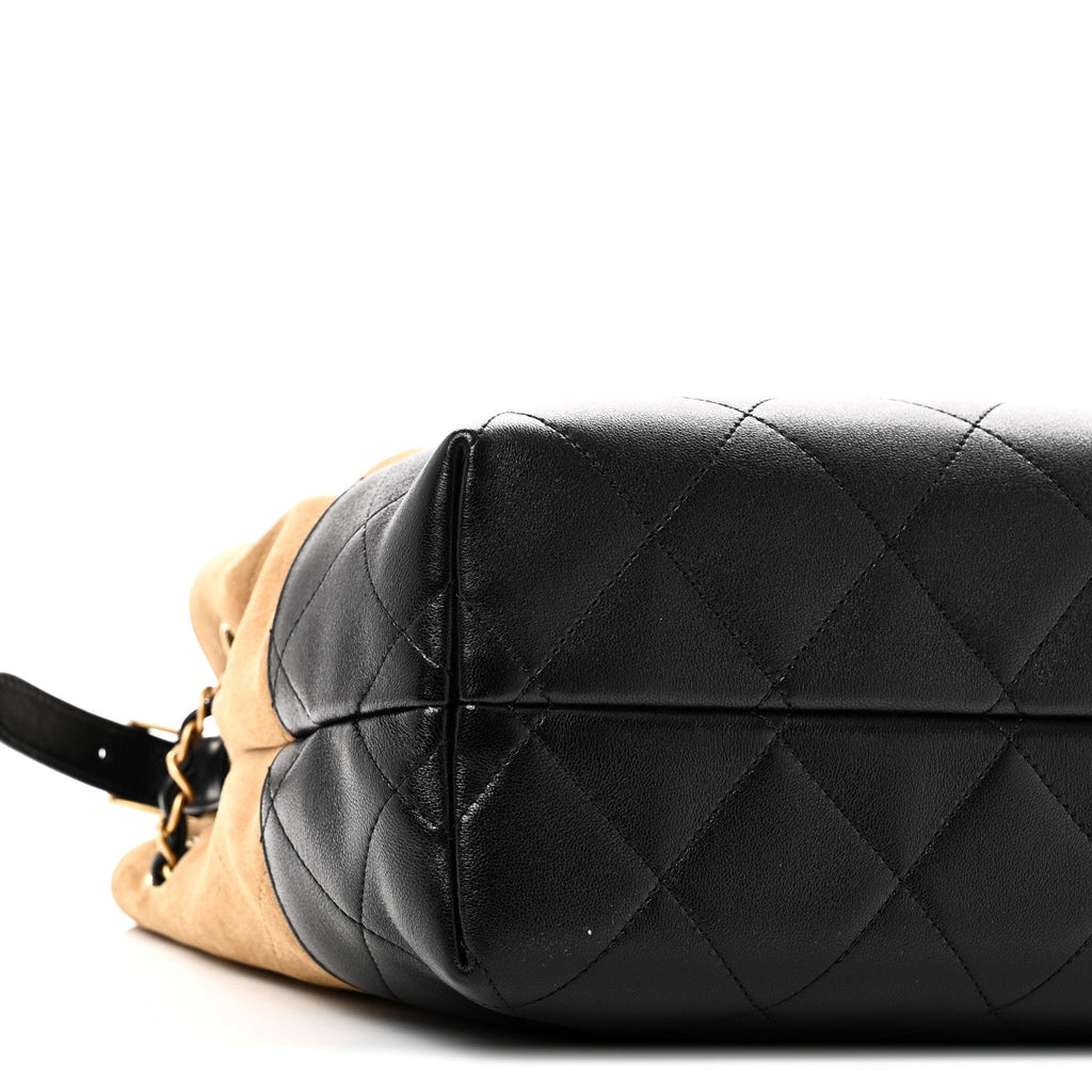 Chanel Suede Calfskin Shiny Lambskin Quilted Small Coco Base Shopping Bag Beige Black