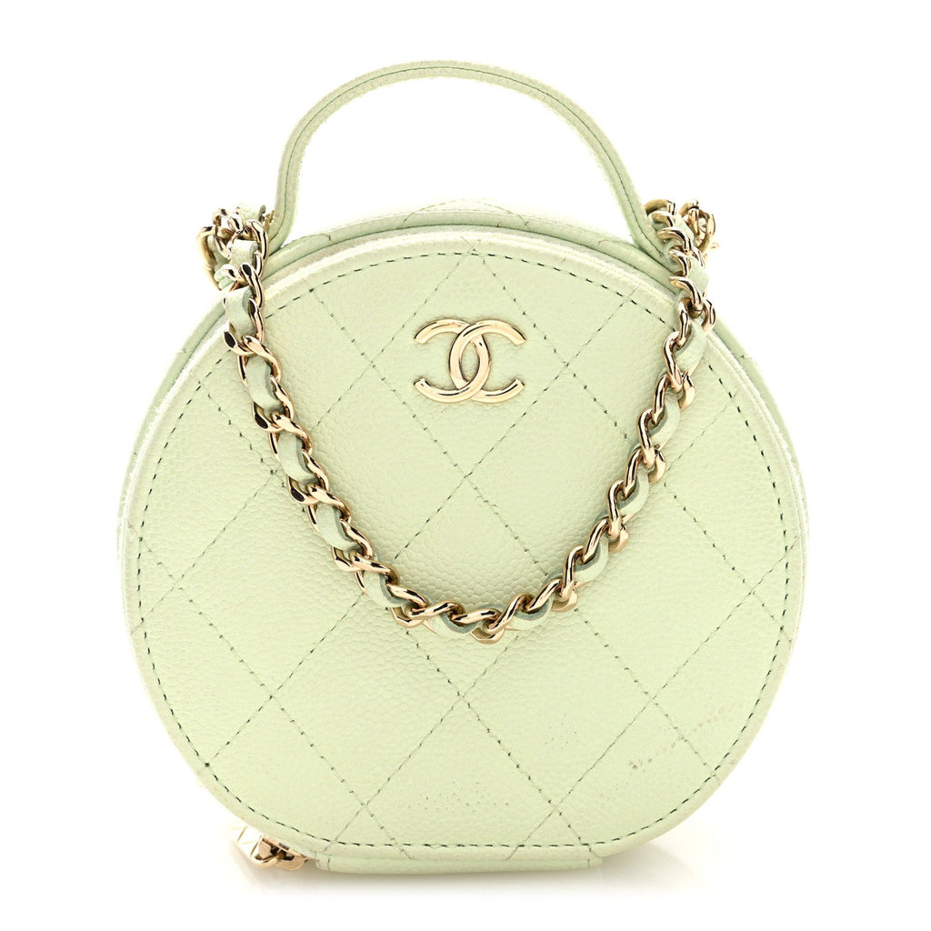 Chanel Caviar Quilted Round Handle With Care Vanity With Chain Light Green