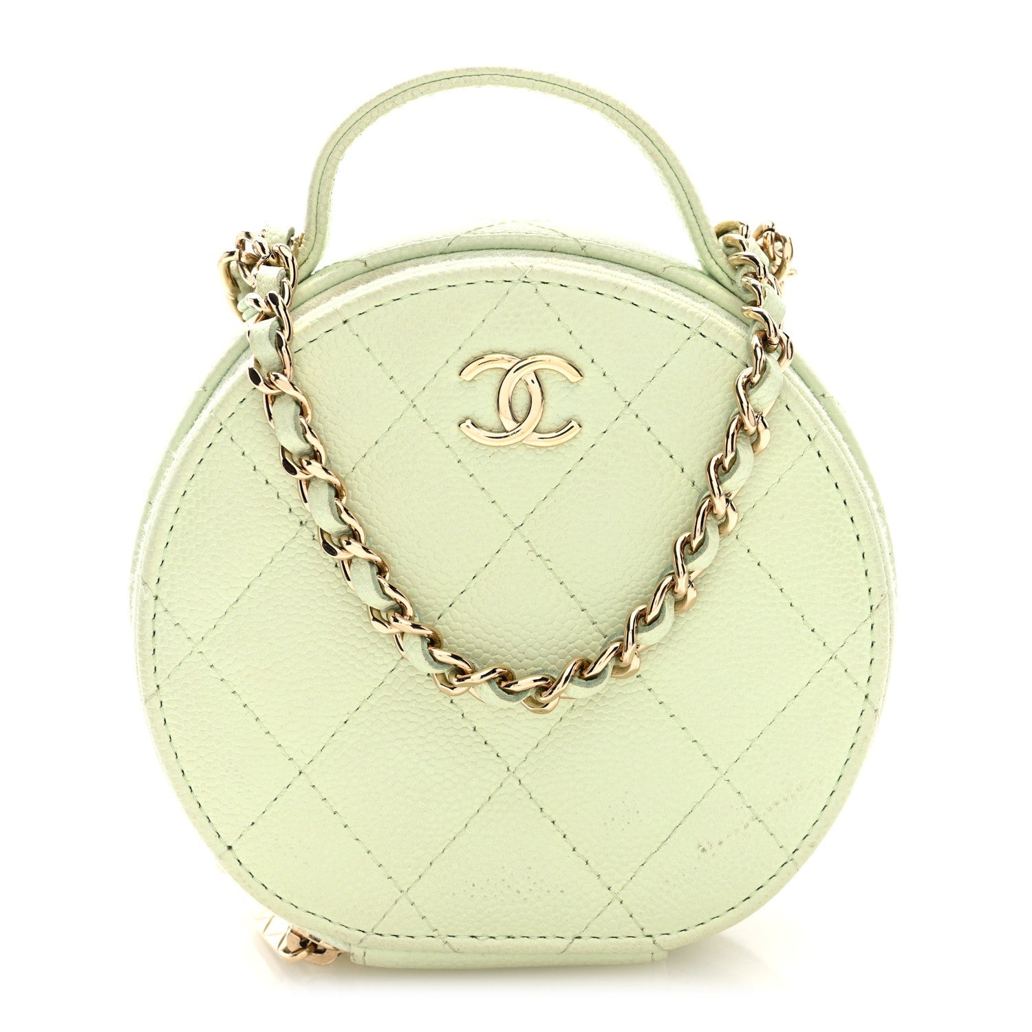 Chanel Caviar Quilted Round Handle With Care Vanity With Chain Light Green
