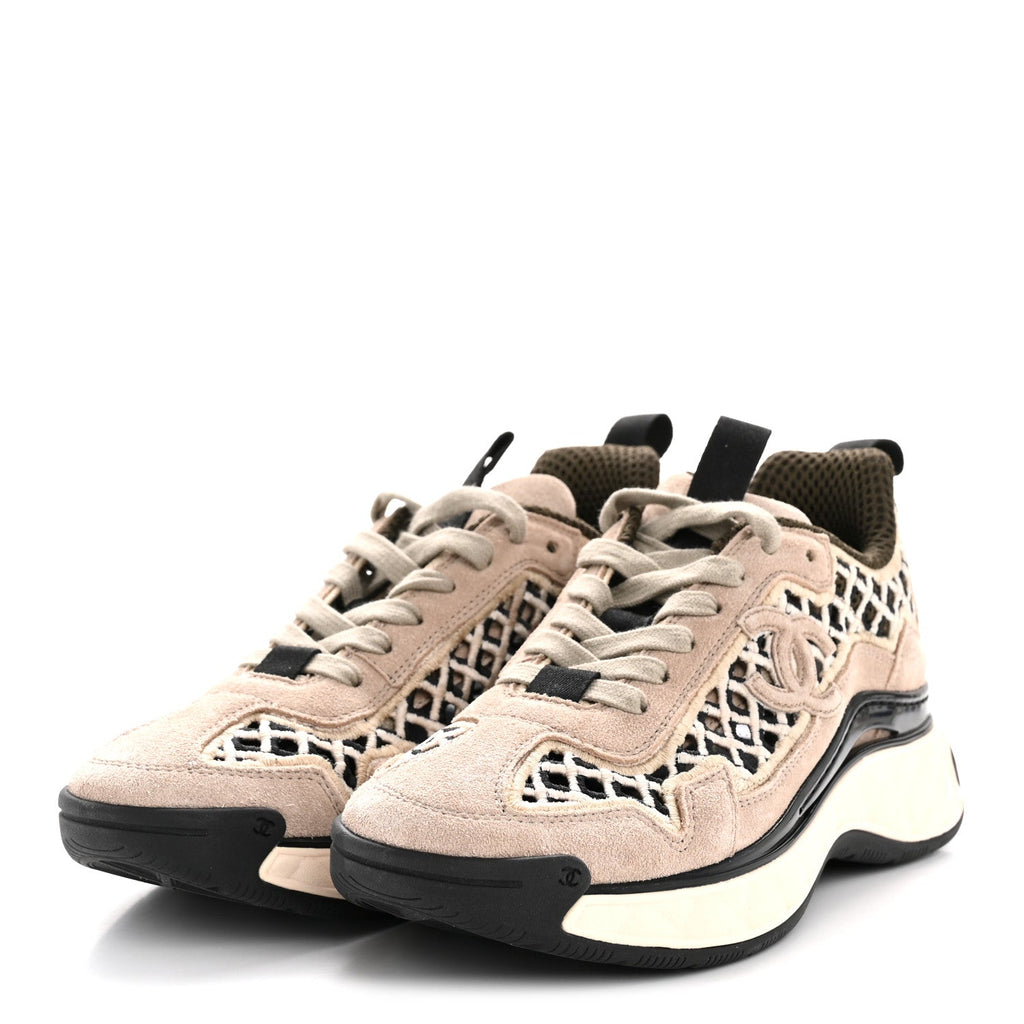 Chanel Suede Calfskin Embroidered CC Sneakers 35.5 Beige Black