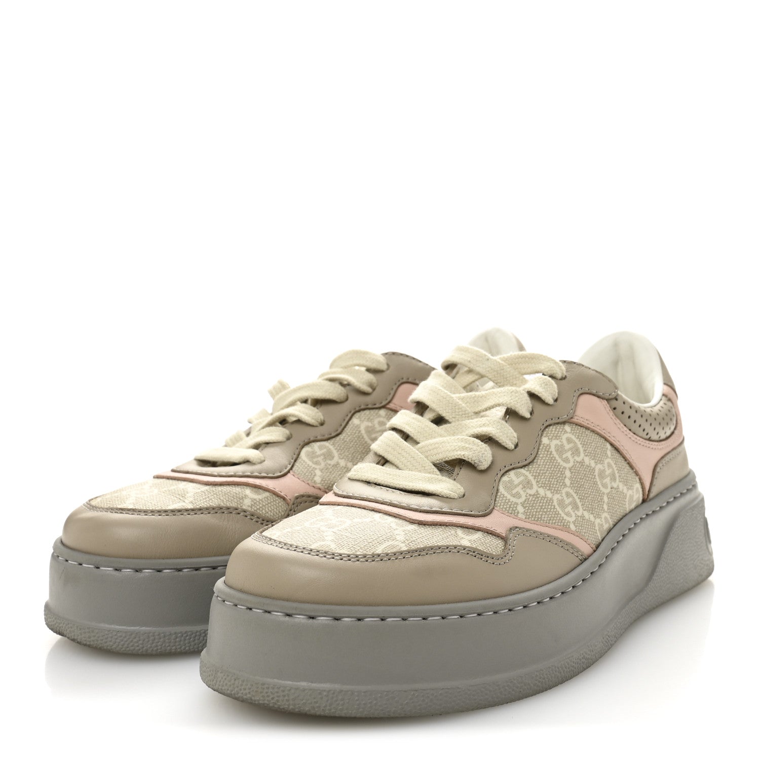 Gucci Calfskin GG Supreme Monogram Perforated Womens Platform 55mm Sneakers 37 Apricot Pink Beige Grey