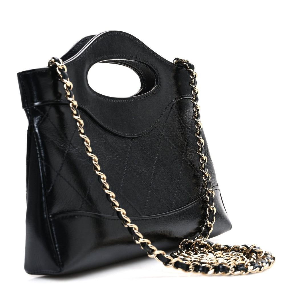Chanel Shiny Crumpled Calfskin Quilted Nano 31 Shopping Bag Black