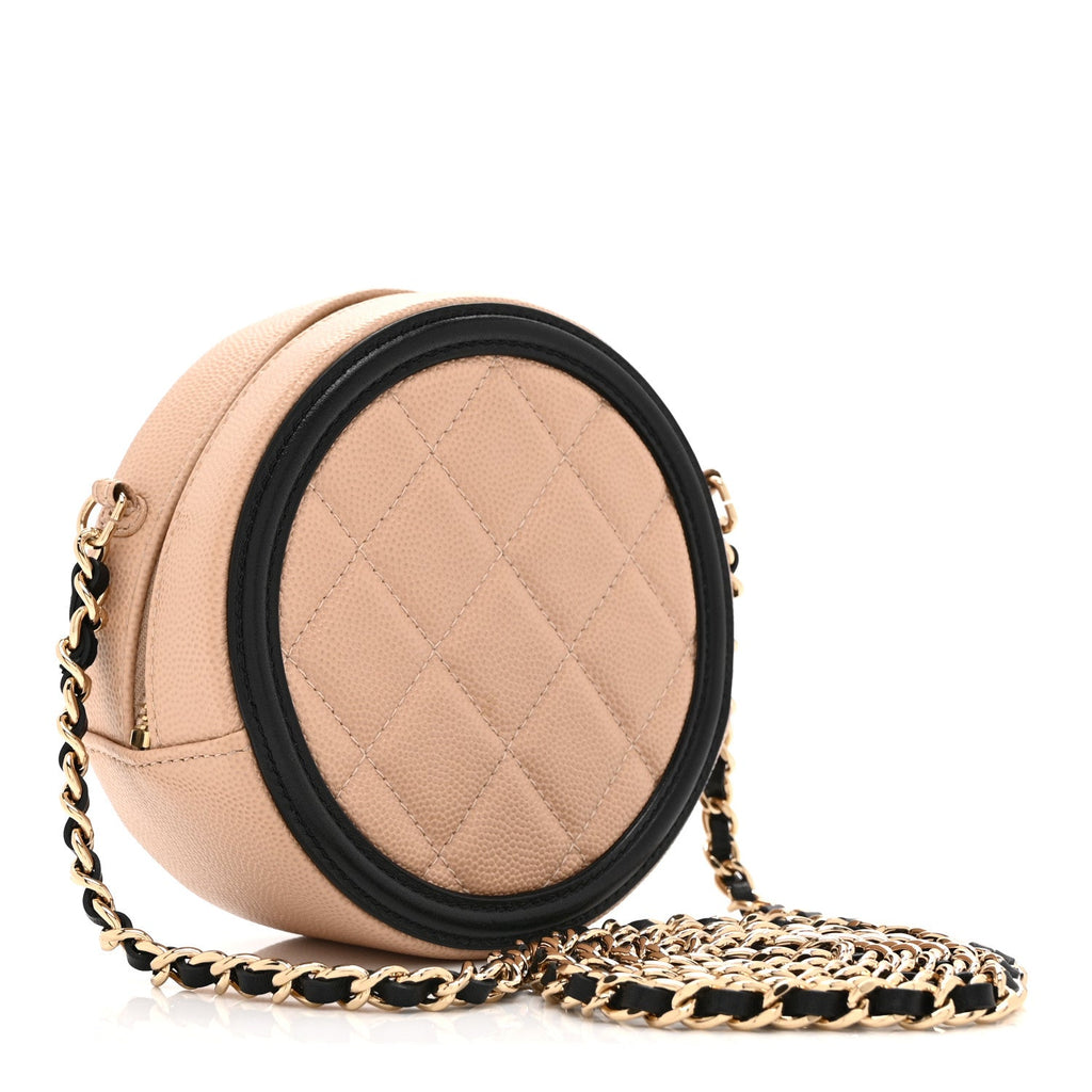 Chanel Caviar Quilted Round Filigree Crossbody Beige Black