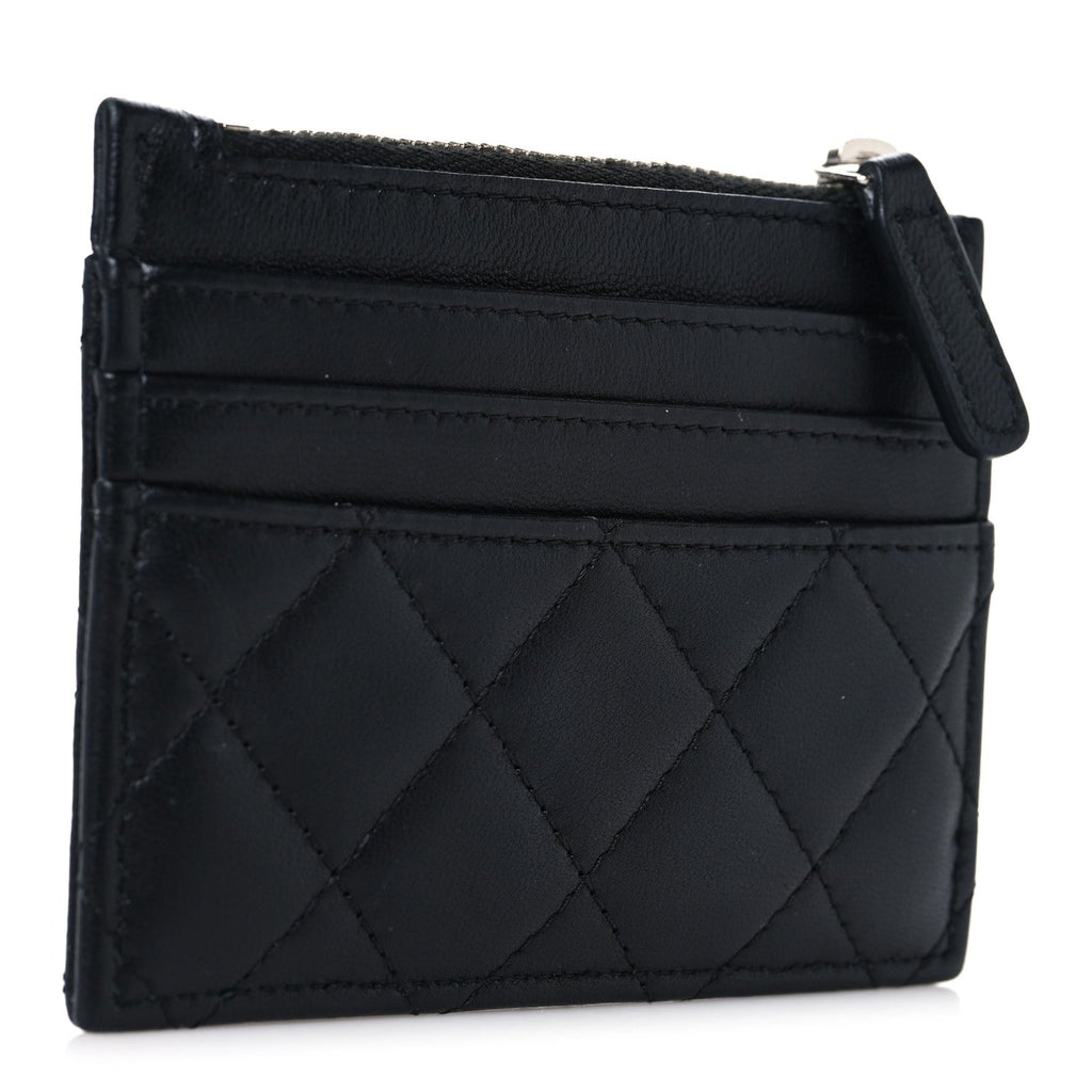 Lambskin Quilted CC Zip Card Holder Black
