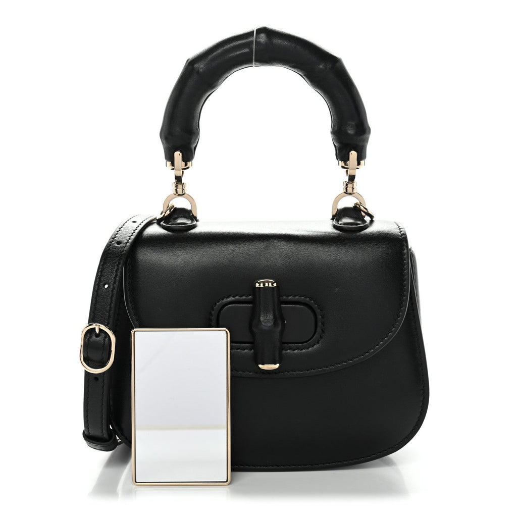 Gucci Boarded Dyana Lux Calfskin Web Monochrome Mini Bamboo 1947 Top Handle Bag Black