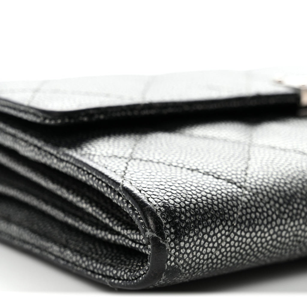 Metallic Caviar Quilted Large Golden Class Gusset Flap Wallet Dark Grey