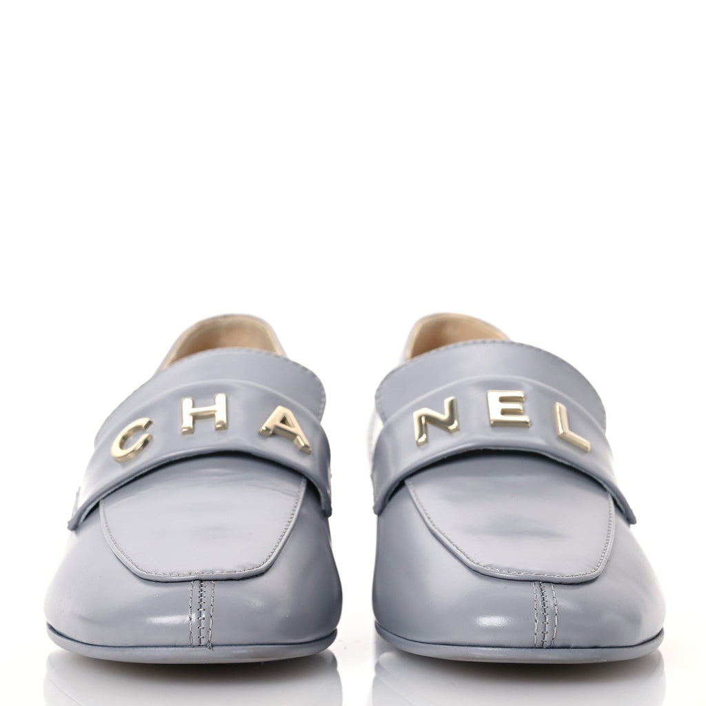 Chanel Shiny Calfskin Logo Loafers 37 Light Grey