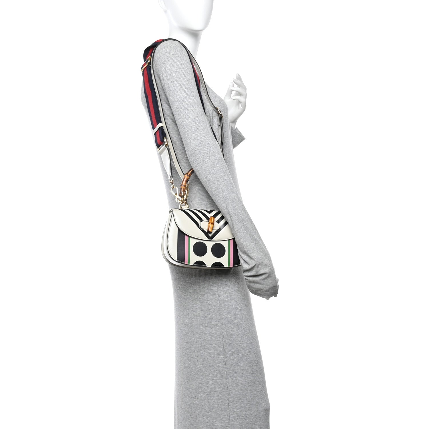 Gucci Calfskin Web Geometric Print Small Bamboo 1947 Top Handle Bag White Multicolor