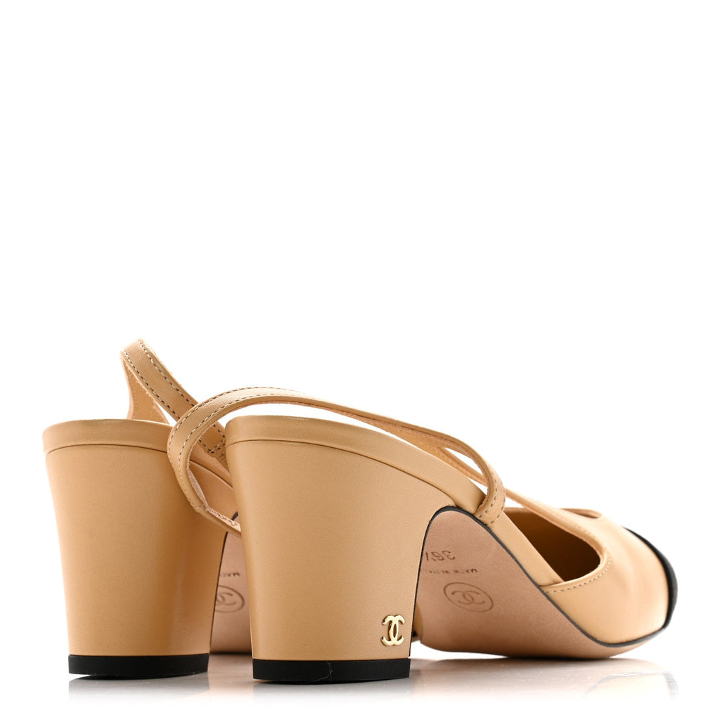 Goatskin Grosgrain Cap Toe CC Slingback Pumps 36.5 Beige Black