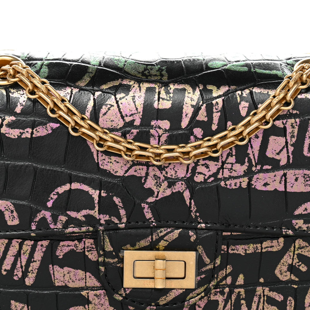 Chanel Calfskin Crocodile Embossed Graffiti 2.55 Mini Cocodile Reissue Flap Black Pink