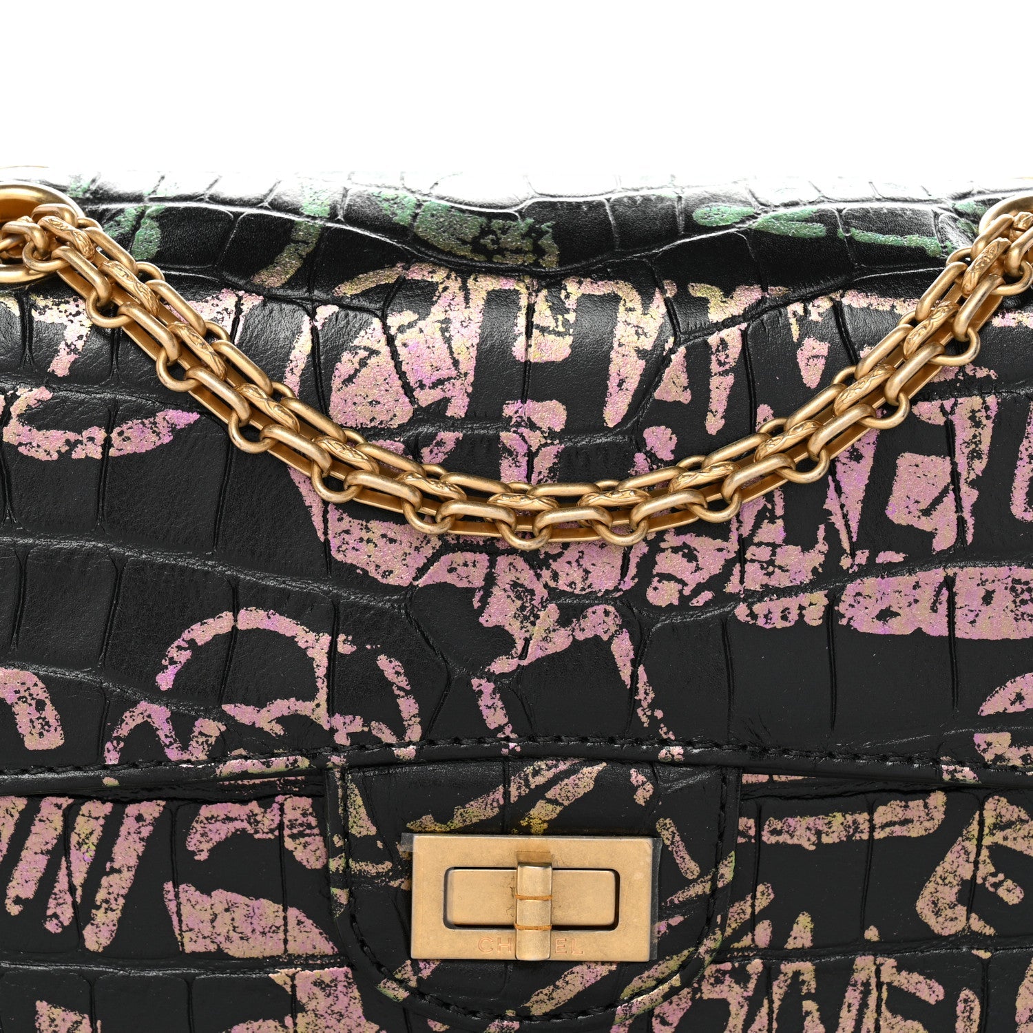 Chanel Calfskin Crocodile Embossed Graffiti 2.55 Mini Cocodile Reissue Flap Black Pink