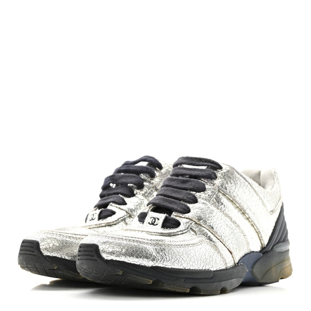 Metallic Crackled Calfskin CC Sneakers 36 Silver Black Navy