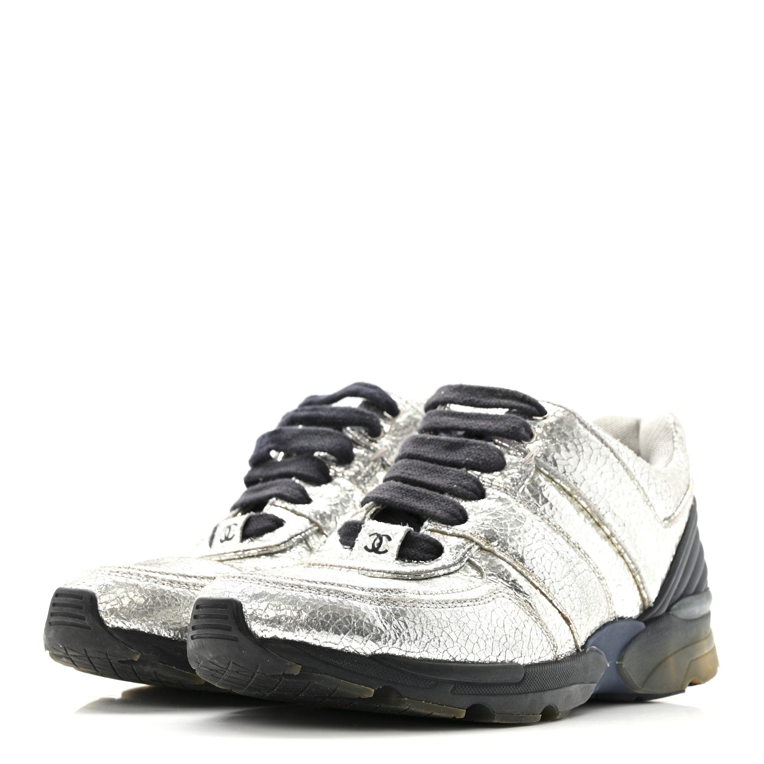 Metallic Crackled Calfskin CC Sneakers 36 Silver Black Navy