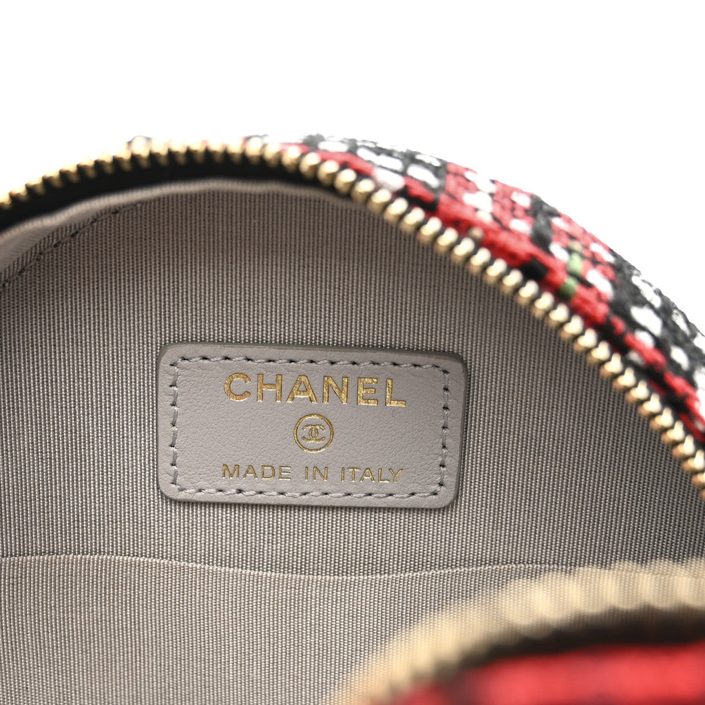Chanel Tweed Quilted Chanel 19 Round Clutch With Chain  Red Black White Green
