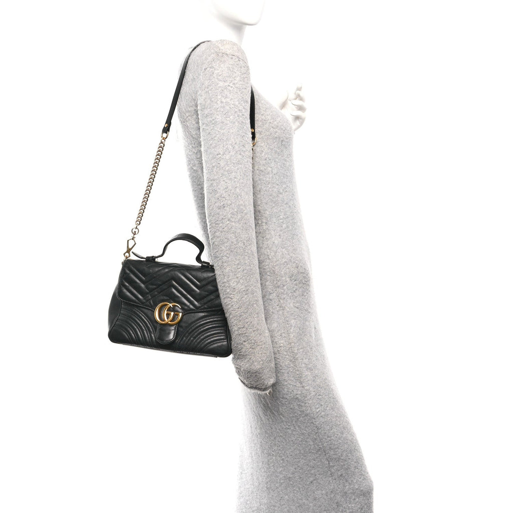 Gucci Calfskin Matelasse Small GG Marmont Top Handle Shoulder Bag Black