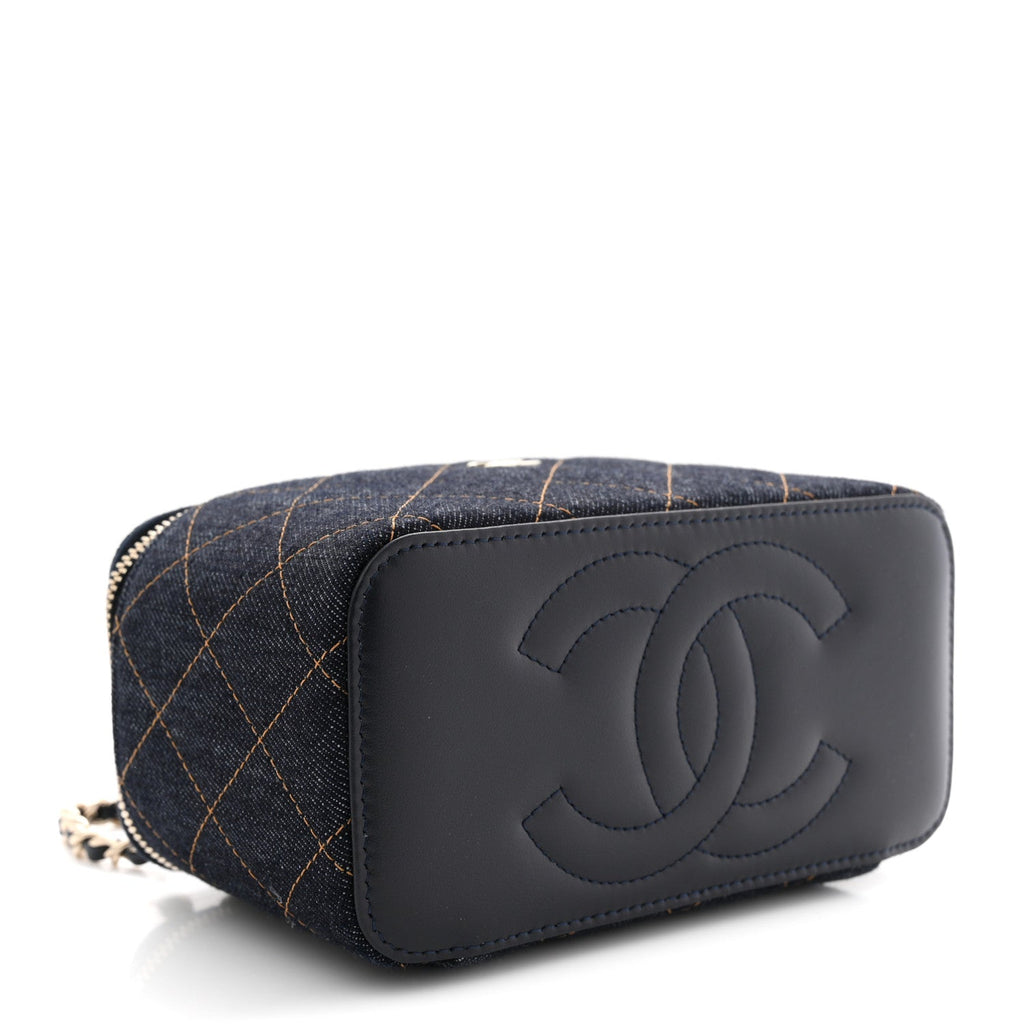 Chanel Denim Quilted Vanity Case With Chain Dark Blue