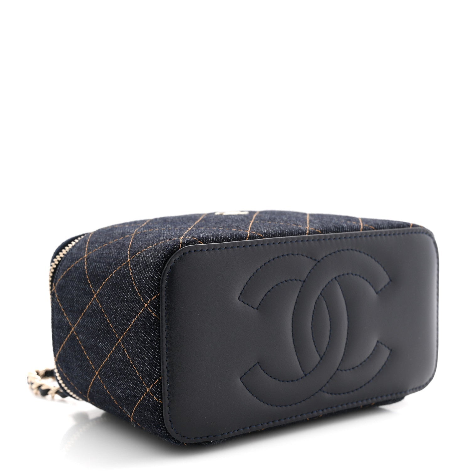 Chanel Denim Quilted Vanity Case With Chain Dark Blue