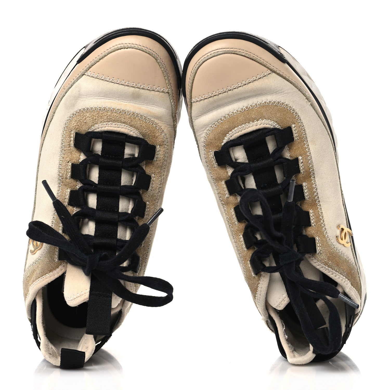 Chanel Velvet Calfskin Mixed Fibers CC Sneakers 37 Beige