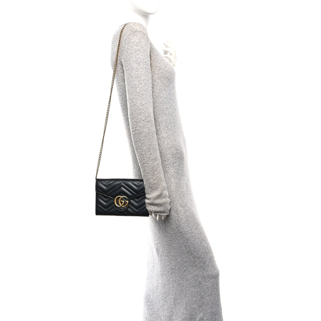 Gucci Calfskin Matelasse GG Marmont Chain Wallet Black