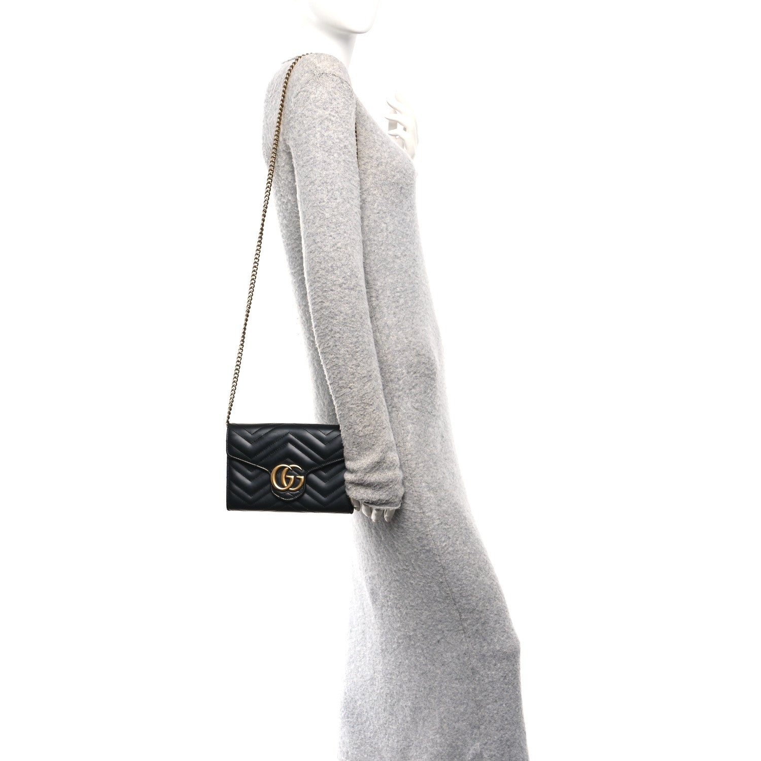Gucci Calfskin Matelasse GG Marmont Chain Wallet Black