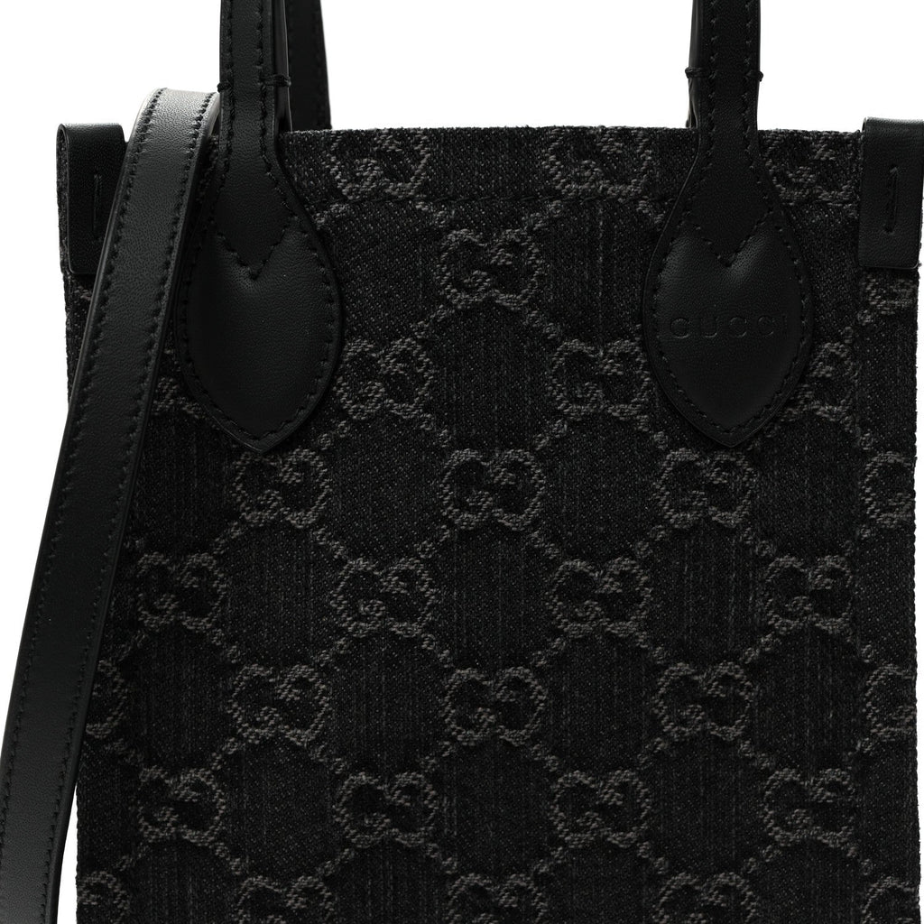 Gucci Denim Cuoio Harness GG Monogram Mini Ophidia Tote Bag Black Medium Grey
