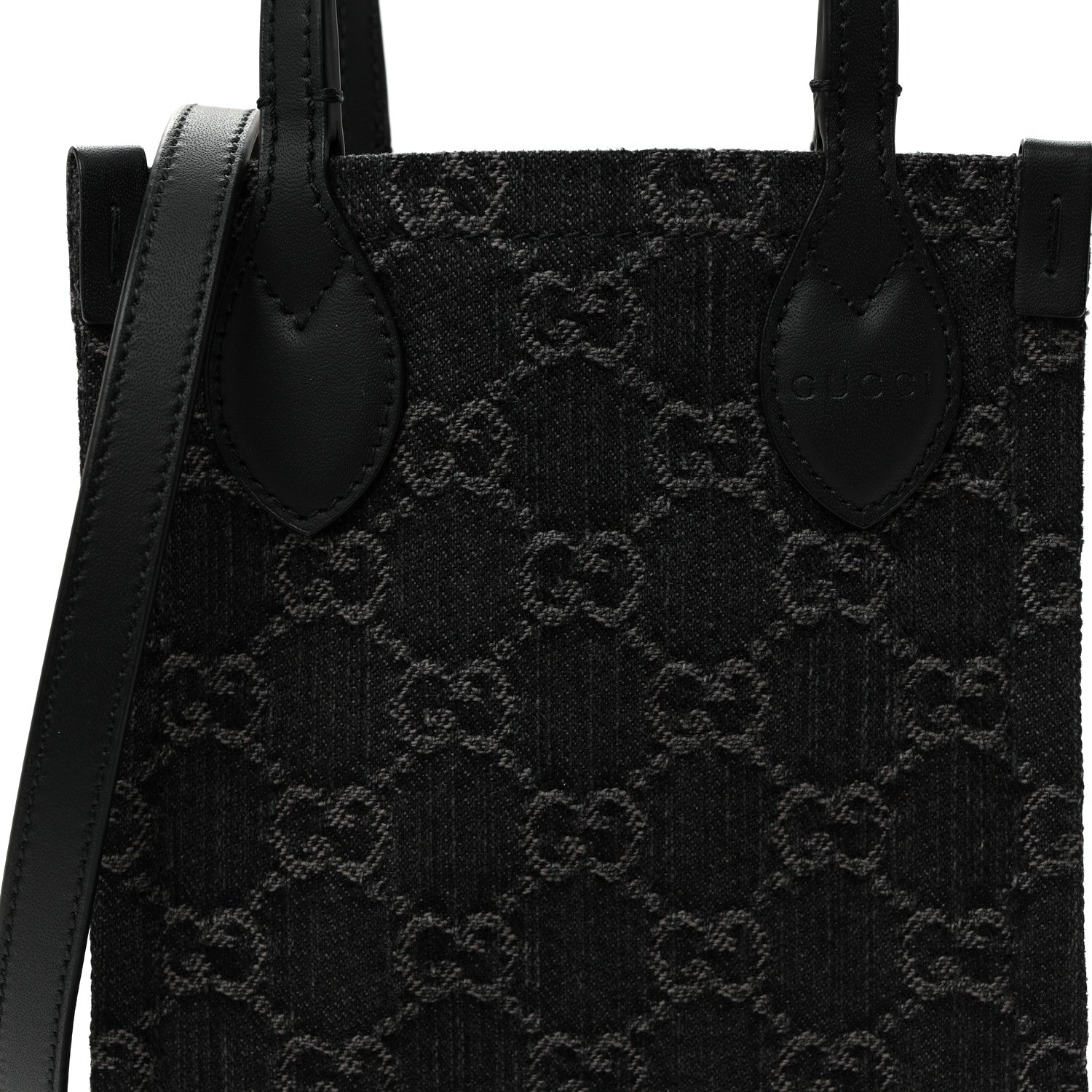 Gucci Denim Cuoio Harness GG Monogram Mini Ophidia Tote Bag Black Medium Grey