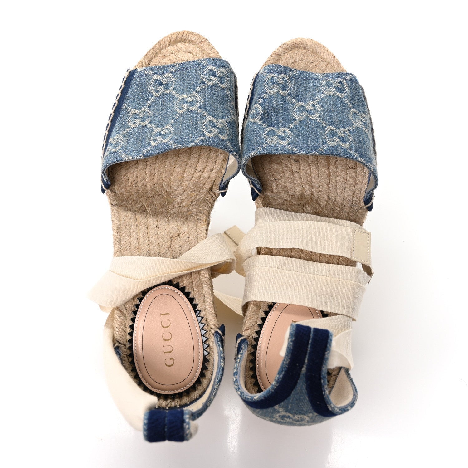 Gucci New Denim GG Monogram Pilar Ankle Wrap Espadrille Wedge Sandals 36.5 Light Blue
