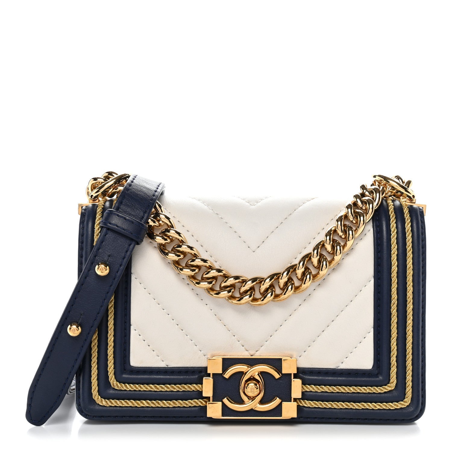 Chanel Calfskin Chevron Quilted Braided Small Boy Flap White Navy