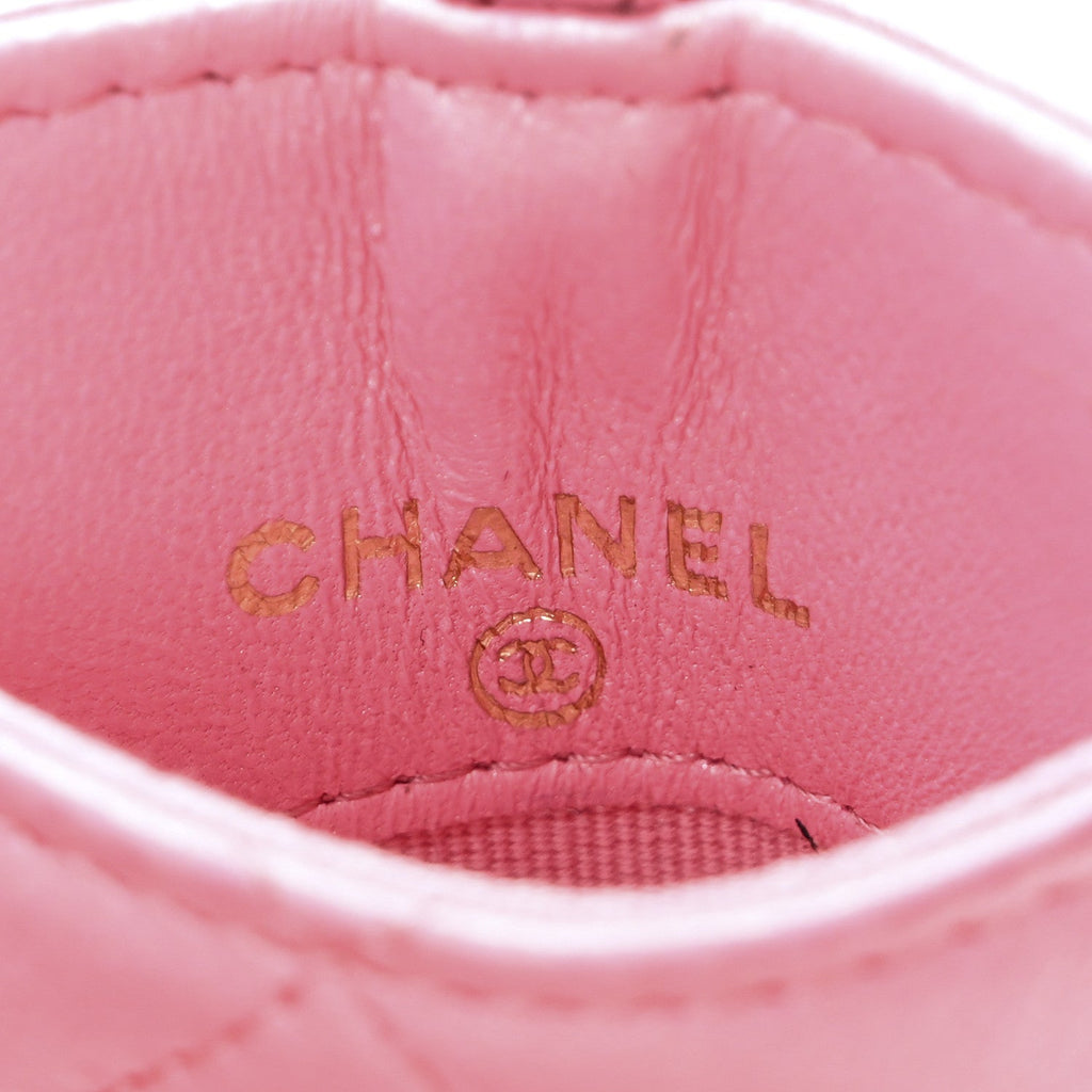 Lambskin Quilted Enamel Chanel Card Holder On Chain Pink