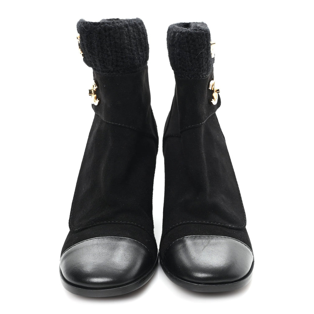 Chanel Suede Lambskin Knit CC Short Boots 39 Black