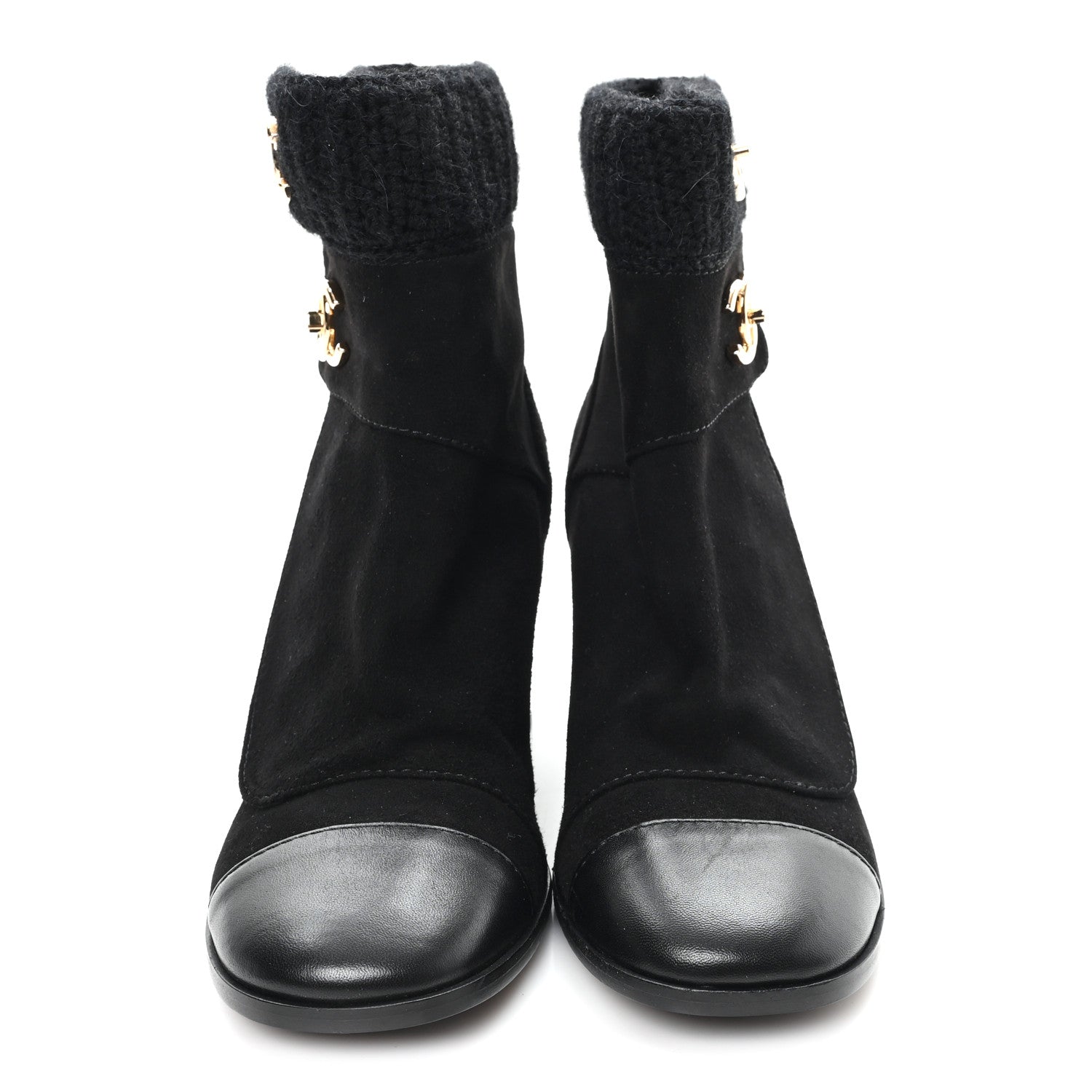 Chanel Suede Lambskin Knit CC Short Boots 39 Black