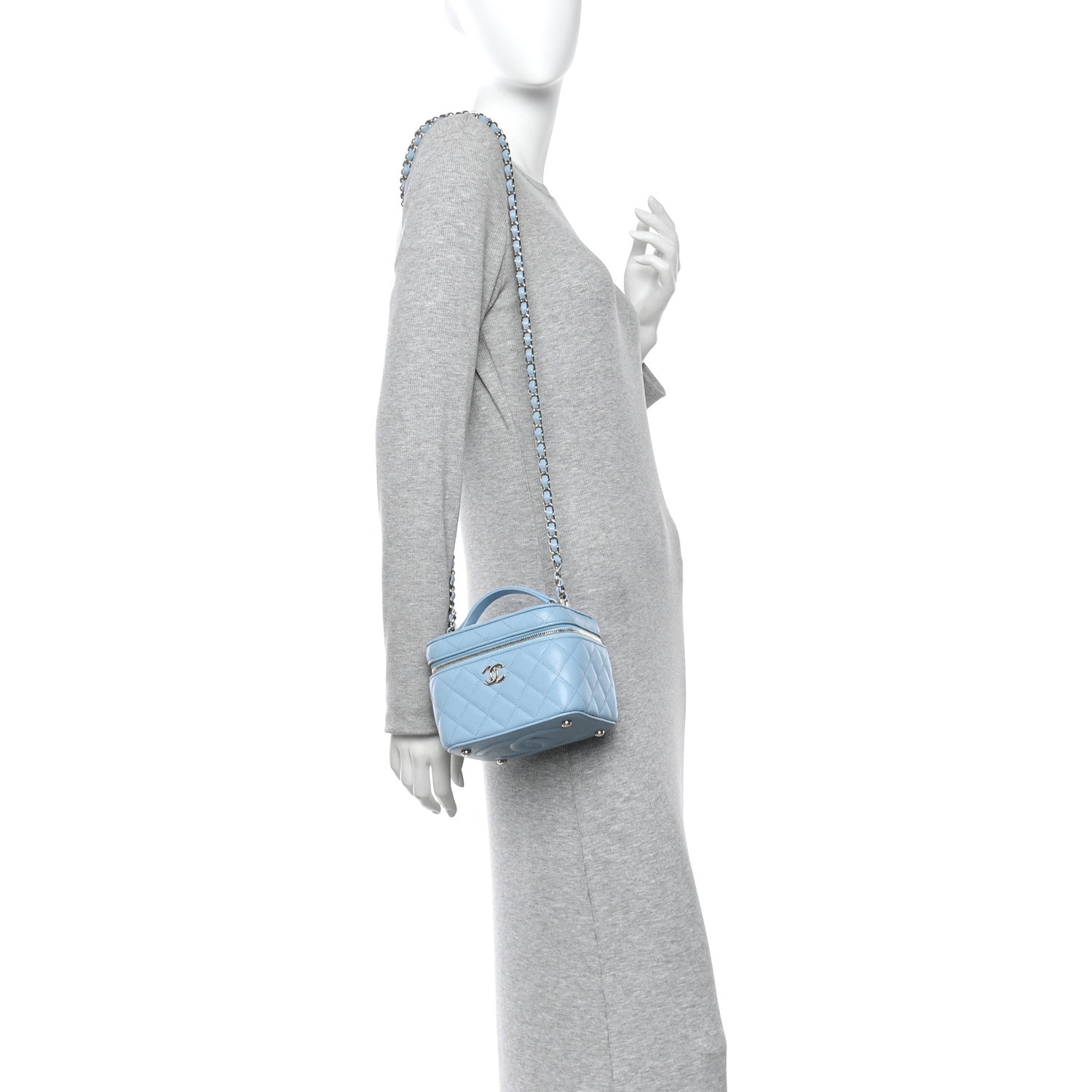 Chanel Caviar Quilted Top Handle Vanity Case With Chain Blue