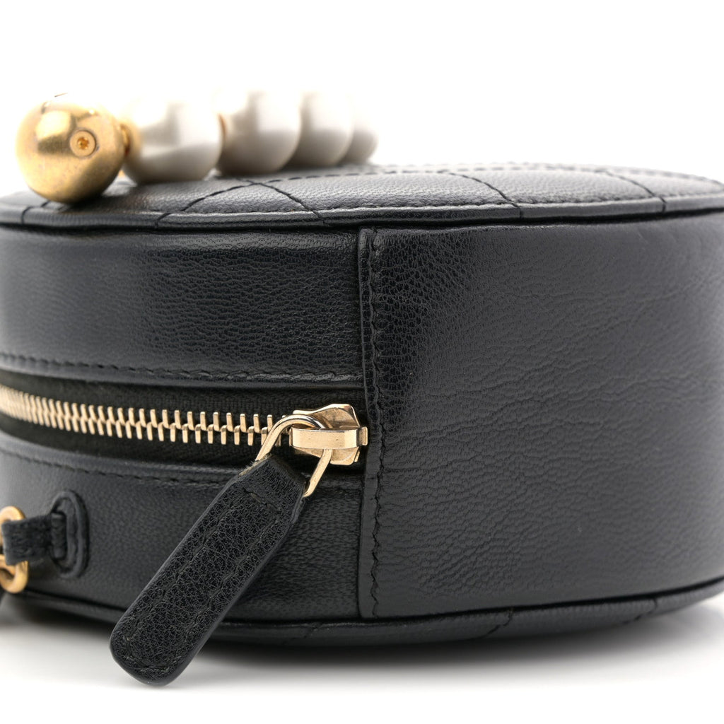 Chanel Goatskin Quilted Chic Pearls Chain Round Clutch With Chain Black
