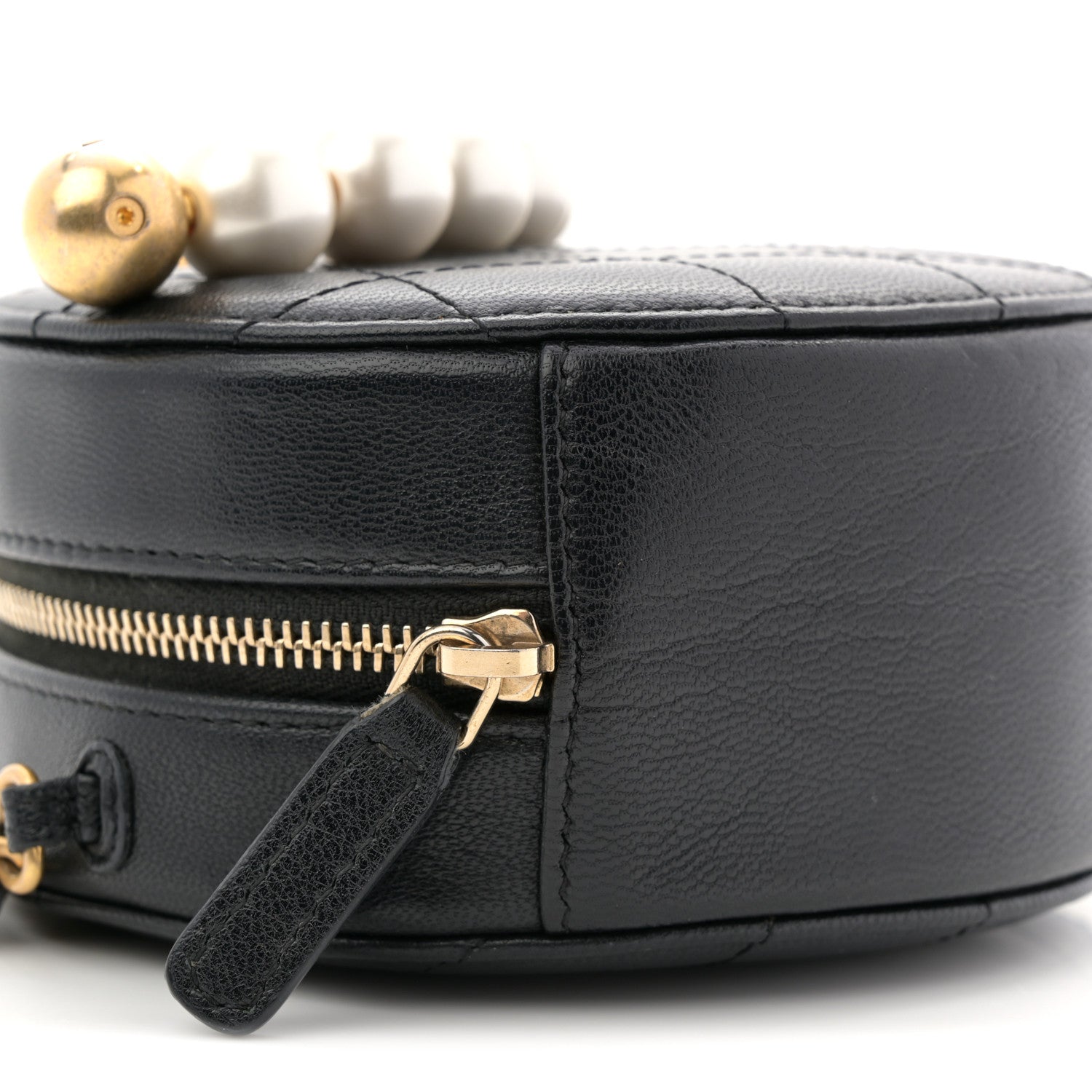 Chanel Goatskin Quilted Chic Pearls Chain Round Clutch With Chain Black
