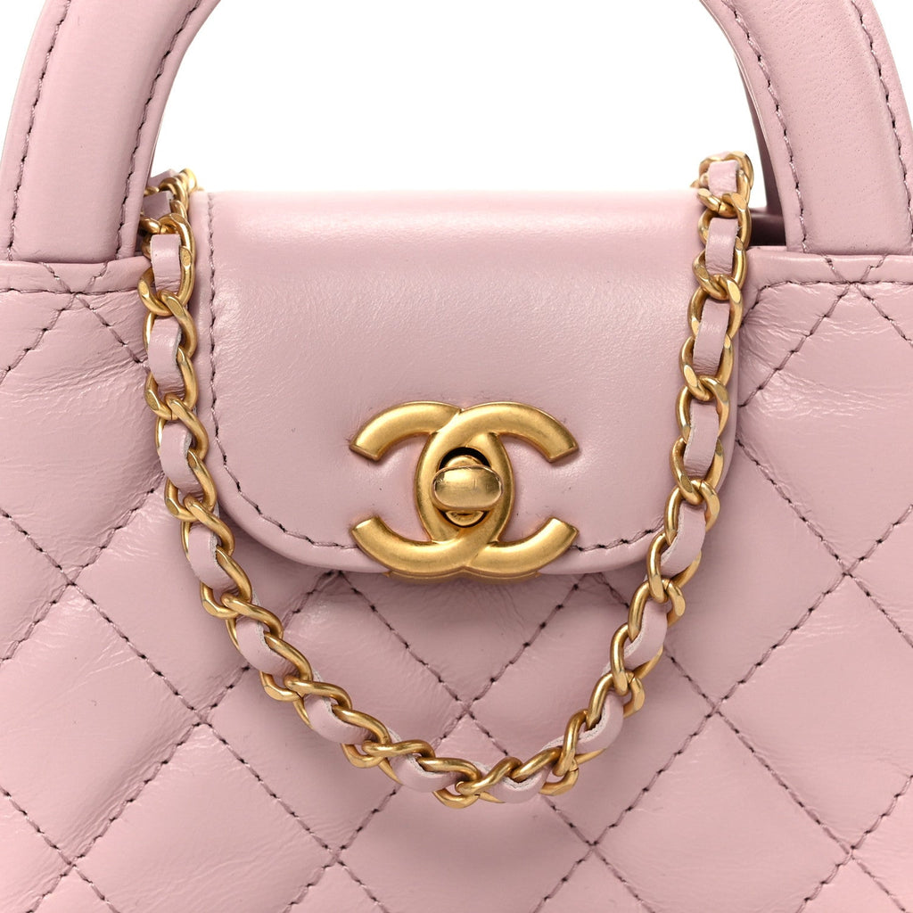 Chanel Shiny Aged Calfskin Quilted Mini Nano Kelly Shopper Light Pink